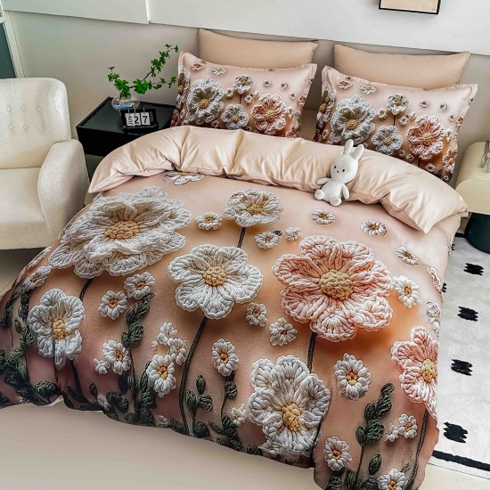 Lenjerie Pat 6 Piese 5D cu Cearșaf Elastic – Model Floral 3D Bej-Roz, LFL-081 Lenjerii Finet Premium Lux