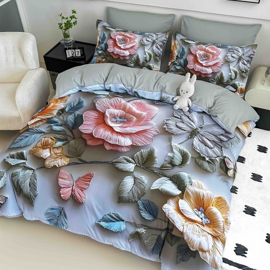 Lenjerie Pat 6 Piese 5D cu Cearșaf Elastic – Model Floral 5D în Relief, Fluturi și Trandafiri Pastel, LFL-086 Lenjerii Finet Premium Lux