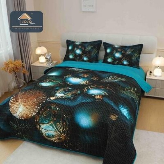 Cuvertură din Finet 220x240cm + 2 Fețe de Pernă – Model Globuri Aurii pe Fundal Albastru, LTC-085 Lenjerii tematica Craciun