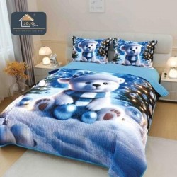 Cuvertură din Finet 220x240cm + 2 Fețe de Pernă – Model Ursuleț Albastru, Design de Iarnă, LTC-086