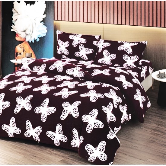 Set Lenjerie Cocolino 4 piese pat dublu cu cearșaf cu elastic – Model Fluturi Alb pe Fundal Vișiniu, LEC-086 Lenjerii Cocolino 4 piese cu ELASTIC