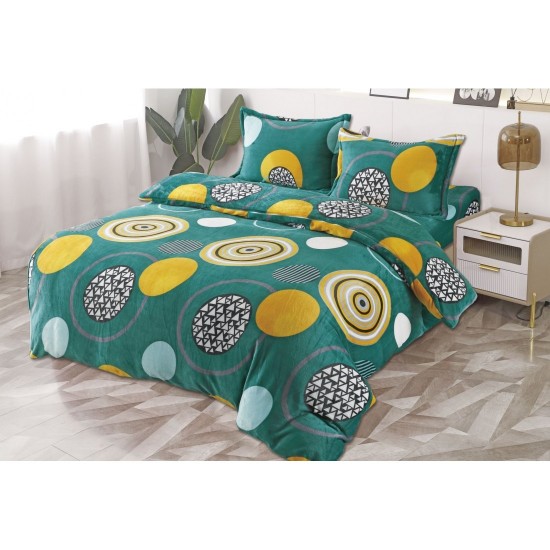 Set Lenjerie Cocolino 4 Piese Pat Dublu – Model Model Cercuri Verde-Galben, LDC-073 Lenjerii Cocolino 4 piese