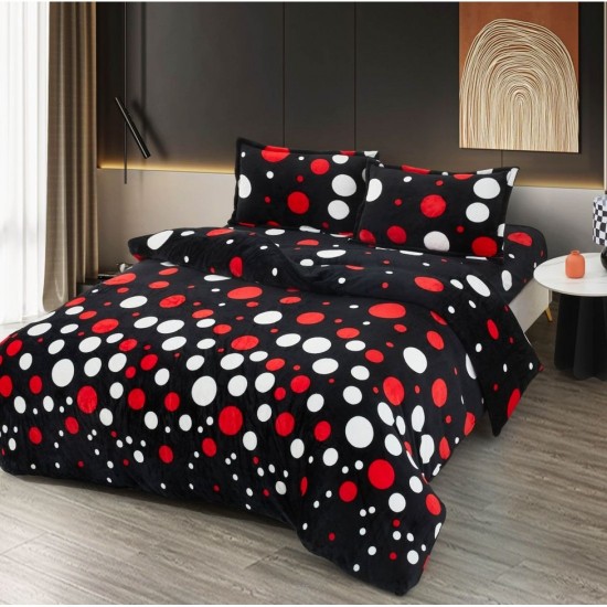 Set Lenjerie Cocolino 4 Piese Pat Dublu – Model Model Buline Roșii și Albe pe Fundal Negru, LDC-030 Lenjerii Cocolino 4 piese