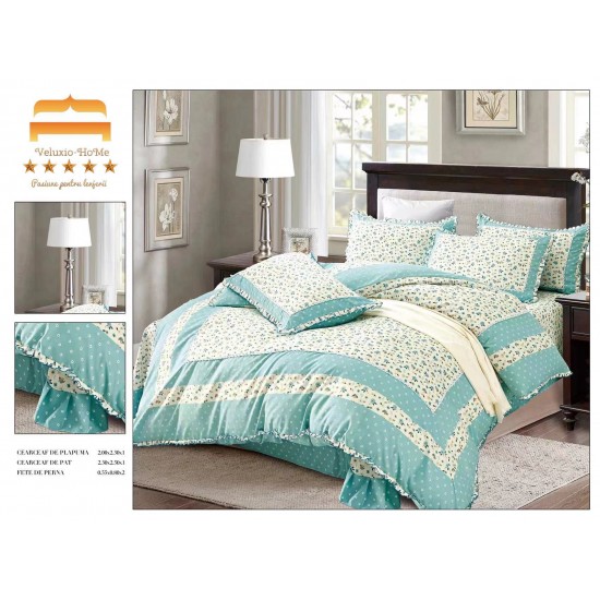 Lenjerie de pat finet 4 piese pat dublu cu volănașe – model floral bleu cu accente crem, LVF-004 Lenjerii Finet 4 piese cu Volanase