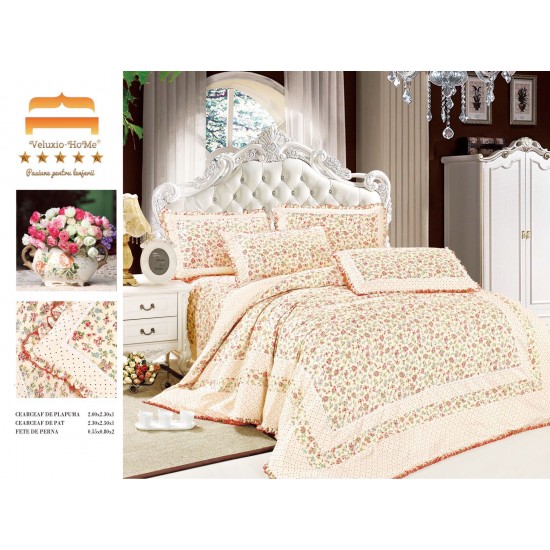Lenjerie de pat finet 4 piese pat dublu cu volănașe – model floral elegant crem cu accente roz, LVF-001 Lenjerii Finet 4 piese cu Volanase