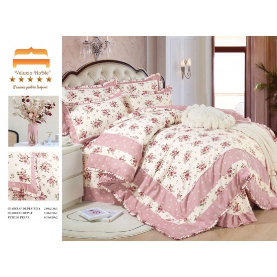 Lenjerie de pat finet 4 piese pat dublu cu volănașe – model floral roz pastel pentru pat dublu, LVF-016 Lenjerii Finet 4 piese cu Volanase