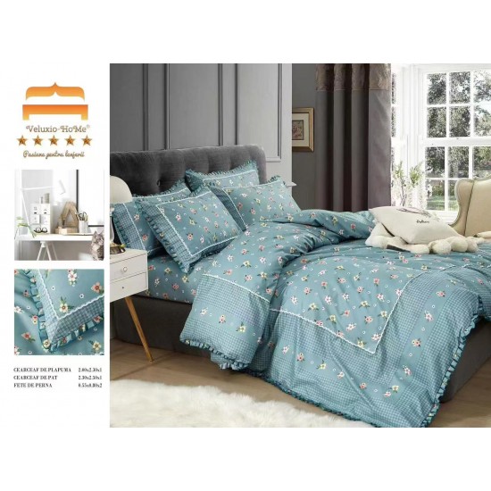Lenjerie de pat finet 4 piese pat dublu cu volănașe – model floral bleu elegant, LVF-002 Lenjerii Finet 4 piese cu Volanase