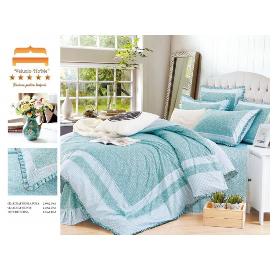 Lenjerie de pat finet 4 piese pat dublu cu volănașe – model floral turcoaz elegant, LVF-018 Lenjerii Finet 4 piese cu Volanase