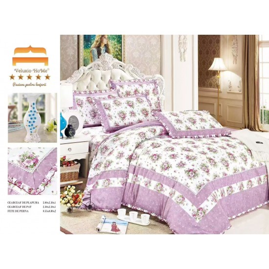 Lenjerie de pat finet 4 piese pat dublu cu volănașe – model floral mov elegant, LVF-007 Lenjerii Finet 4 piese cu Volanase