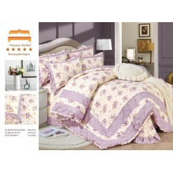 Lenjerie de pat finet 4 piese pat dublu cu volănașe – model floral lila crem, elegantă și rafinată, LVF-021