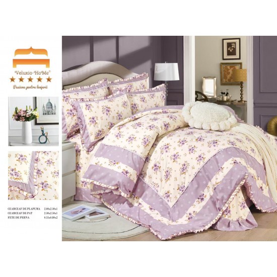 Lenjerie de pat finet 4 piese pat dublu cu volănașe – model floral lila crem, elegantă și rafinată, LVF-021 Lenjerii Finet 4 piese cu Volanase