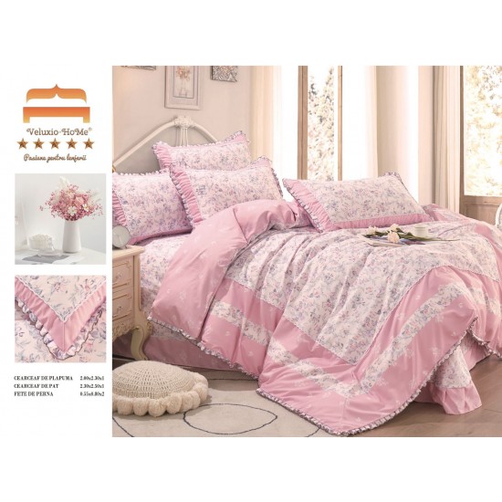 Lenjerie de pat finet 4 piese pat dublu cu volănașe – model roz floral elegant, LVF-010 Lenjerii Finet 4 piese cu Volanase