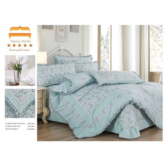 Lenjerie de pat finet 4 piese pat dublu cu volănașe – model bleu floral elegant, LVF-032 Lenjerii Finet 4 piese cu Volanase
