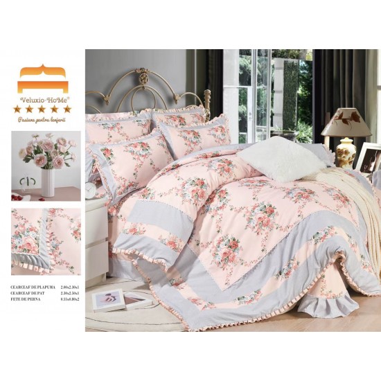 Lenjerie de pat finet 4 piese pat dublu cu volănașe – model floral roz elegant, LVF-034 Lenjerii Finet 4 piese cu Volanase