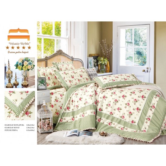 Lenjerie de pat finet 4 piese pat dublu cu volănașe – model floral crem cu verde, LVF-035 Lenjerii Finet 4 piese cu Volanase