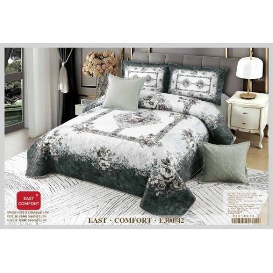 Set Cuvertură Catifea Pat Dublu cu 4 Fețe de Pernă – Model Floral Elegant Alb Gri, E300-42 Cuverturi Catifea 5 piese