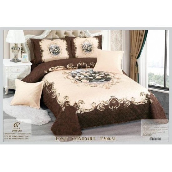 Set Cuvertură Catifea pentru Pat Dublu cu 4 Fețe de Pernă – Model Floral Elegant Maro-Bej, E300-13 Cuverturi Catifea 5 piese