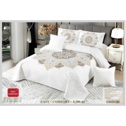 et Cuvertură Catifea pentru Pat Dublu cu 4 Fețe de Pernă – Model Mandala Bej cu Auriu, E300-44