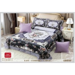 Set Cuvertură Catifea pentru Pat Dublu cu 4 Fețe de Pernă – Model Elegant Floral Mov-Negru, E300-03