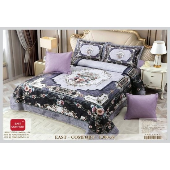 Set Cuvertură Catifea pentru Pat Dublu cu 4 Fețe de Pernă – Model Elegant Floral Mov-Negru, E300-03 Cuverturi Catifea 5 piese