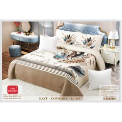 et Cuvertură Catifea pentru Pat Dublu cu 4 Fețe de Pernă – Model Elegant cu Pene în Nuanțe Crem și Albastru, E300-57