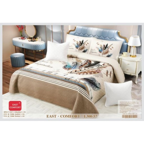 et Cuvertură Catifea pentru Pat Dublu cu 4 Fețe de Pernă – Model Elegant cu Pene în Nuanțe Crem și Albastru, E300-57 Cuverturi Catifea 5 piese