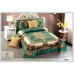 et Cuvertură Catifea pentru Pat Dublu cu 4 Fețe de Pernă – Verde Smarald cu Model Elegant, E300-46