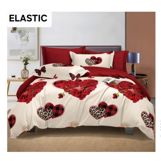 Set Lenjerie Bumbac Satinat 4 Piese Pat Dublu cu Cearșaf cu Elastic – Model Inimi Roșii și Trandafiri, LDBS-345 3 lenjerii la 199 lei