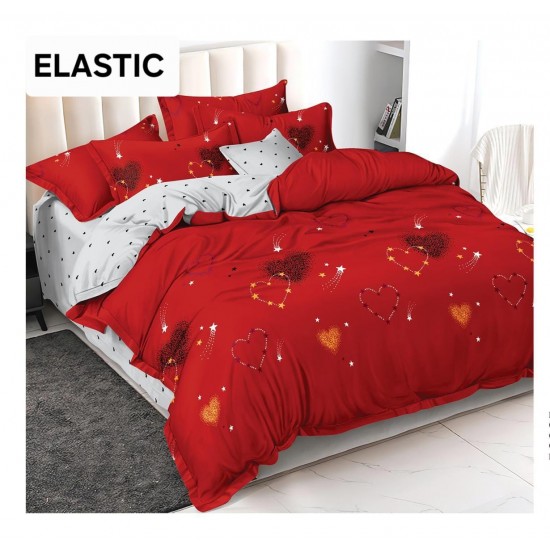 Set Lenjerie Bumbac Satinat 4 Piese Pat Dublu cu Cearșaf cu Elastic – Model Roșu Inimi și Stele, LDBS-347 3 lenjerii la 199 lei