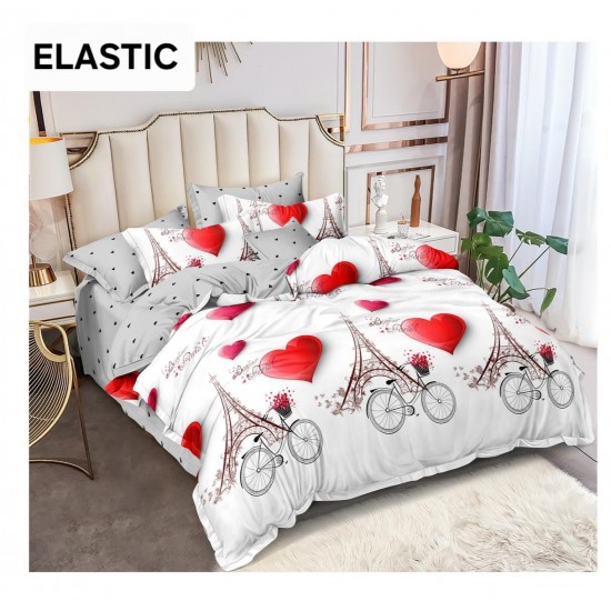 Set Lenjerie Bumbac Satinat 4 Piese Pat Dublu cu Cearșaf cu Elastic – Model Paris Inimioare Roșii, LDBS-354 3 lenjerii la 199 lei