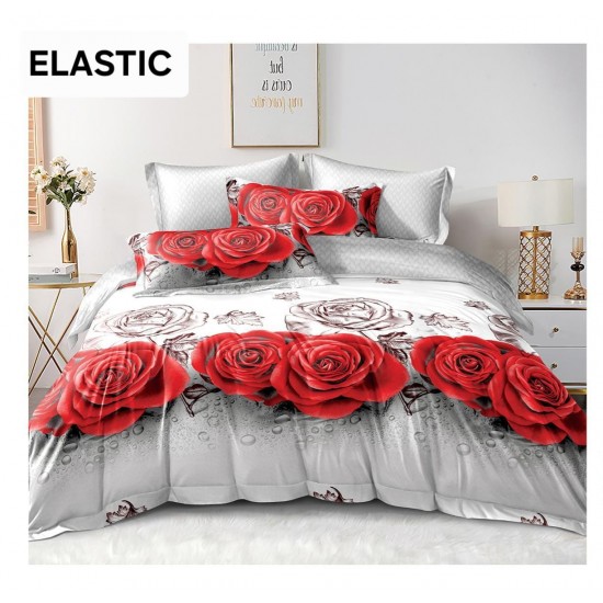 Set Lenjerie Bumbac Satinat 4 Piese Pat Dublu cu Cearșaf cu Elastic – Model Trandafiri Roșii pe Fundal Gri, LDBS-356 3 lenjerii la 199 lei