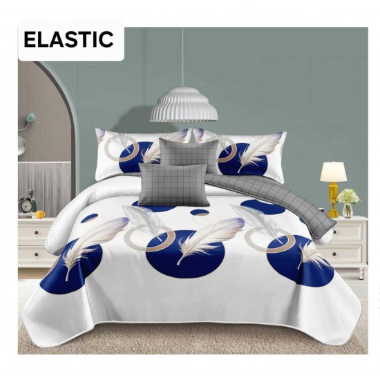 Set Lenjerie Bumbac Satinat 4 Piese Pat Dublu cu Cearșaf cu Elastic – Model Pene Alb-Albastru Regal, LDBS-359 3 lenjerii la 199 lei