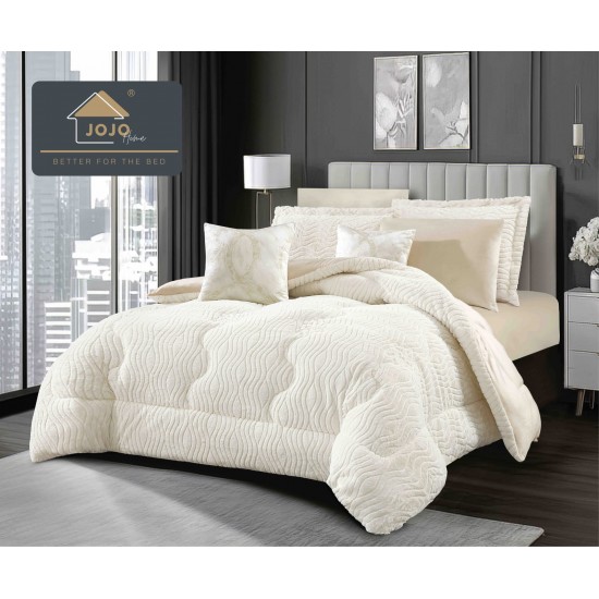 Lenjerie de pat cu pilotă inclusă și cearceaf cu elastic, 6 piese, blană iepure crem – set premium catifelat, LCE-110 Pilote Iepure