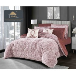 Lenjerie de Pat cu Pilotă Inclusă, 6 Piese, Blăniță Iepure + Cearșaf cu Elastic – Model Elegant Roz-Mov, LCE-118