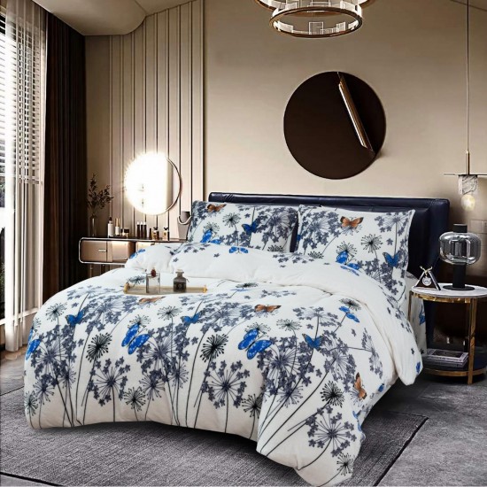 Lenjerie Cocolino Pat Dublu 4 Piese – Model Floral cu Fluturi Albaștri, LDC-022 Lenjerii Cocolino 4 piese