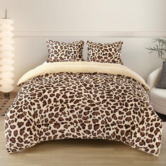 Pilota Cocolino cu Blăniță 200x230 cm + 2 Fețe de Pernă – Imprimeu Leopard Maro, PDC-010 Pilote Iarna cu Blana