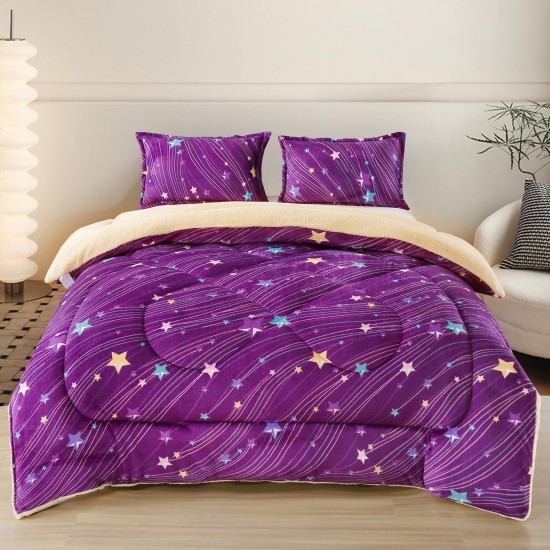 Pilota cu Blăniță 200x230 cm + 2 Fețe de Pernă – Model Mov cu Stele și Dungi Colorate, PDC-129 Pilote Iarna cu Blana