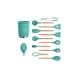 Ustensile gatit bucatarie, 13 piese, antiaderente, silicon cu maner de lemn, turcoaz/natur, OGR-011 Bucatarie