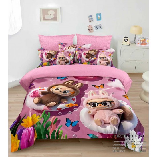Lenjerie pat dublu 6 piese finet cu elastic – model Labubu roz, imprimeu vesel pentru copii, LCC-061 Lenjerii Pentru Copii cu Desene Animate - Finet 6 piese