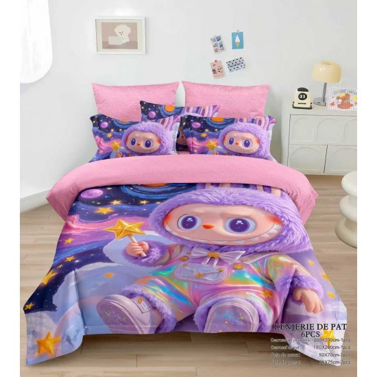 Lenjerie pat dublu 6 piese finet cu elastic – model Labubu roz mov, LCC-072 Lenjerii Pentru Copii cu Desene Animate - Finet 6 piese