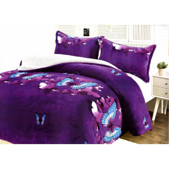 Pilota cu Blăniță 200x230 cm + 2 Fețe de Pernă – Model Fluturi Mov-Albastru, PDC-131 Pilote Iarna cu Blana