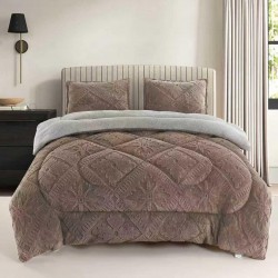 Pilota Cocolino cu Blăniță 200x230 cm+ 2 Fețe de Pernă, Model Geometric Embosat, Maro, PDC-023