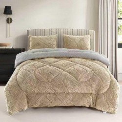 Pilota Cocolino cu Blăniță 200x230 cm+ 2 Fețe de Pernă, Model Geometric Embosat, Crem, PDC-030