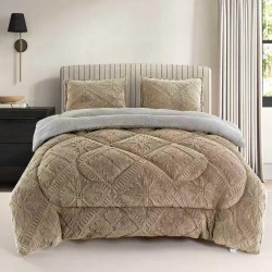 Pilota Cocolino cu Blăniță 200x230 cm+ 2 Fețe de Pernă, Model Geometric Embosat, Bej, PDC-024