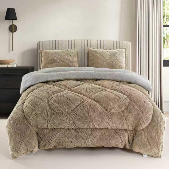 Pilota Cocolino cu Blăniță 200x230 cm+ 2 Fețe de Pernă, Model Geometric Embosat, Bej, PDC-024 Pilote Iarna cu Blana