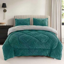 Pilota Cocolino cu Blăniță 200x230 cm+ 2 Fețe de Pernă, Model Geometric Embosat, Verde smarald, PDC-027