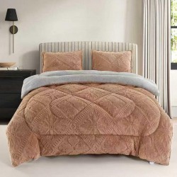 Pilota Cocolino cu Blăniță 200x230 cm+ 2 Fețe de Pernă, Model Geometric Embosat, Maro Cărămiziu, PDC-037