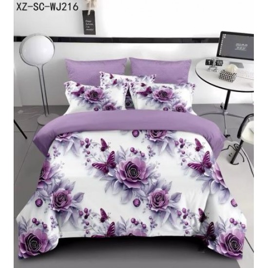 Lenjerie Pat 6 Piese 5D cu Cearșaf Elastic – Model Flori Mov și Fluturi, LFL-062 Lenjerii Finet Premium Lux