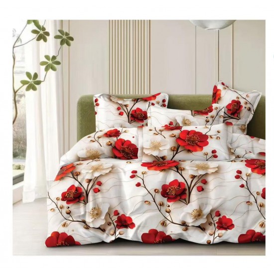 Set Lenjerie Pat Dublu Bumbac Satinat 4 Piese – Model Floral Roșu & Crem, Elegant, LDBS-362 3 lenjerii la 199 lei