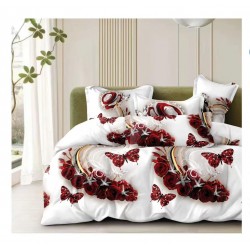 Set Lenjerie Pat Dublu Bumbac Satinat 4 Piese – Model Trandafiri și Fluturi Roșii, Elegant, LDBS-258